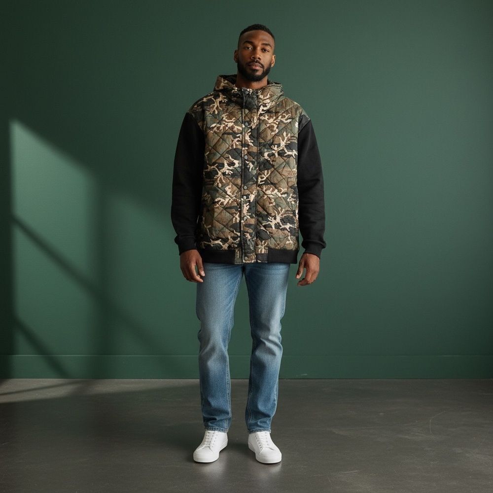Men's Camouflage and Black Hooded Jacket